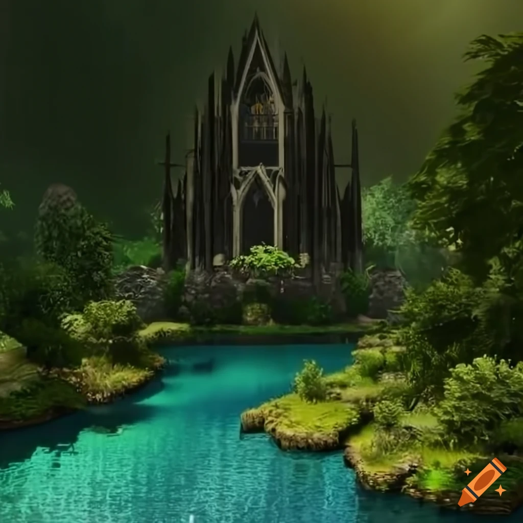 multi-level mystic cathedral and houses, lush tropical landscaping, reflective pools and waterfalls, gardens, panoramic landscape view, pine surroundings, realistic render, a mystic cathedral filled with crystals, pond, lush vegetation, Portal opaque to another world inside of a cove, high definition, crystals ::1 silver, detailed, crystal gravel ::1 glass, gothic ruins, cinematic lighting, 8k, unreal engine render