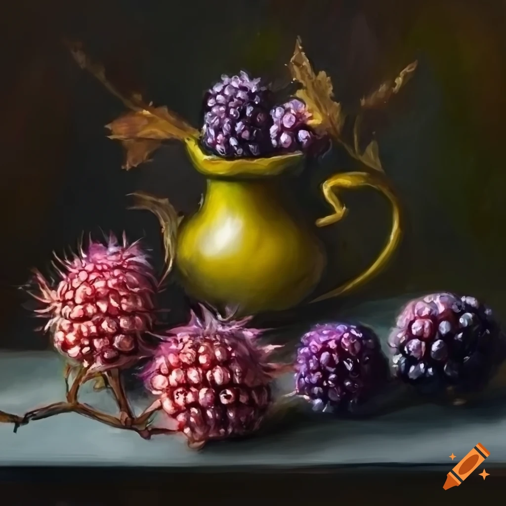 Stunning autumn still life painting of blackberry twigs, blackberry
