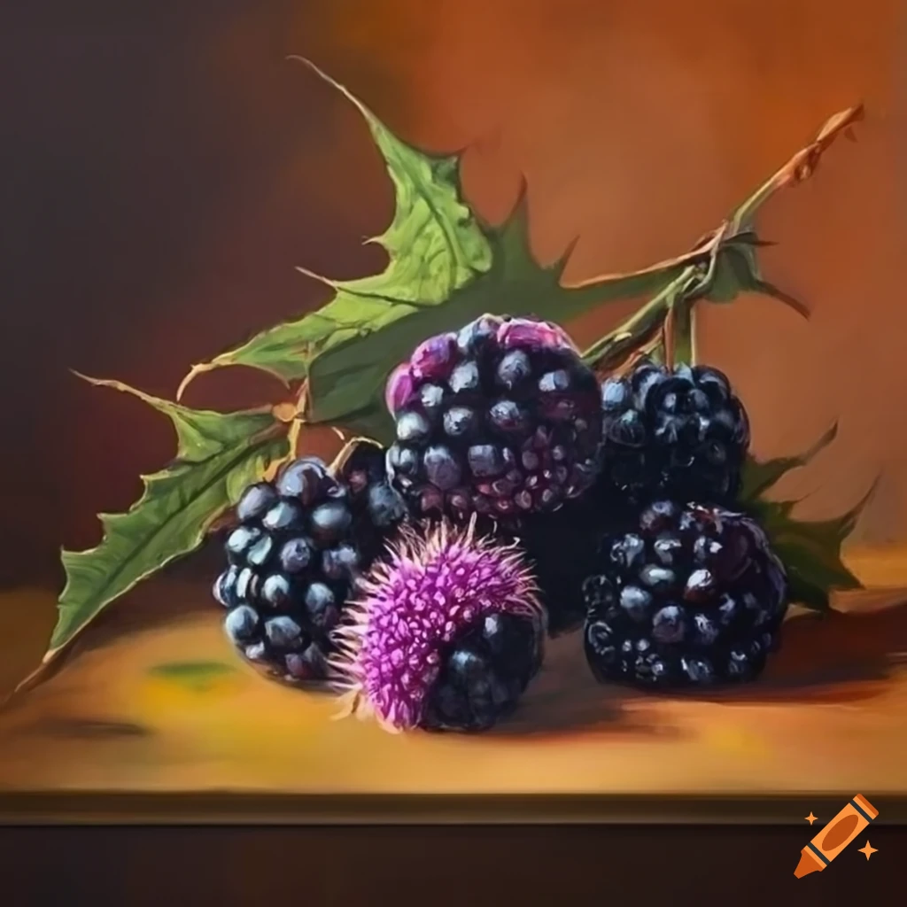 Stunning autumn still life painting of blackberry twigs, blackberry