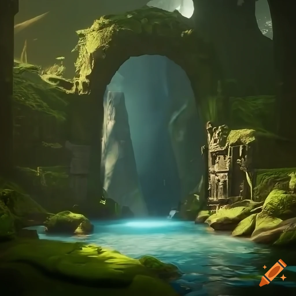 Portal opaque to another world inside of a cove, high definition, with flowing water with ruins in a fantasy reflective pools and waterfalls, A moss-covered stone castle ruin amidst a lush fantasy game forest geology illustration of rock expansion in sunlight gothic ruins, cinematic lighting, 8k, unreal engine render