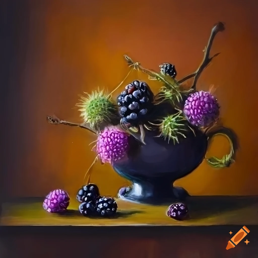 Stunning autumn still life painting of blackberry twigs, blackberry