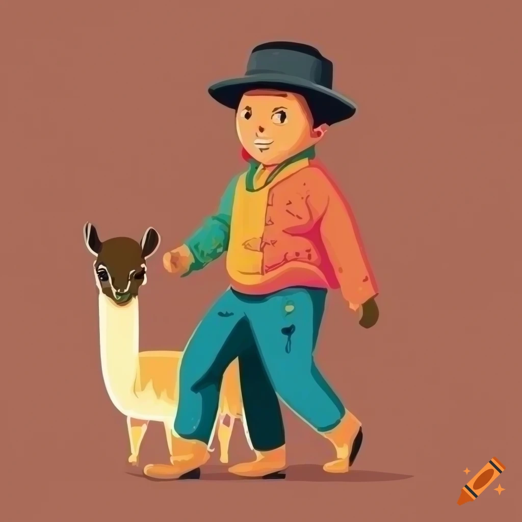 Ilustración vectorial de niño campesino boliviano con una vicuña, en el ...