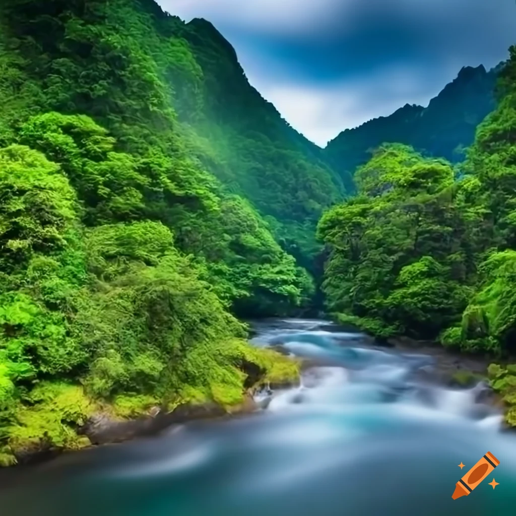 A mountain with lush green trees along a jungle, with river flowing and ...