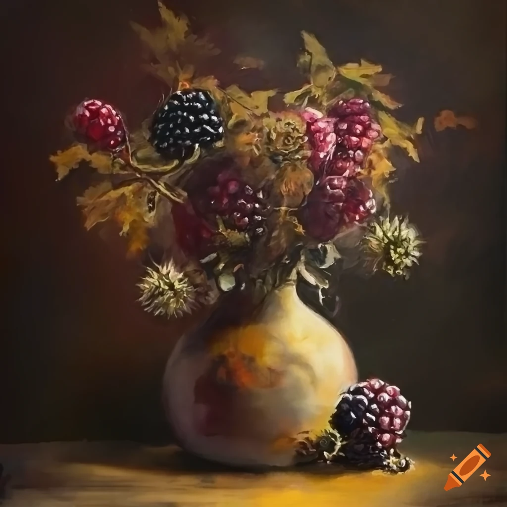Stunning autumn still life painting of blackberry twigs, blackberry