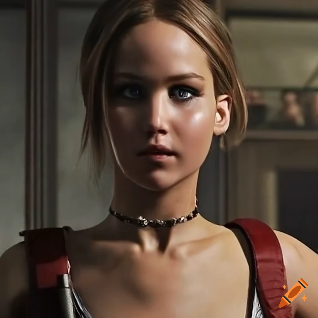 Jennifer lawrence with brown hair as claire redfield in a resident evil  cosplay in a movie portrait