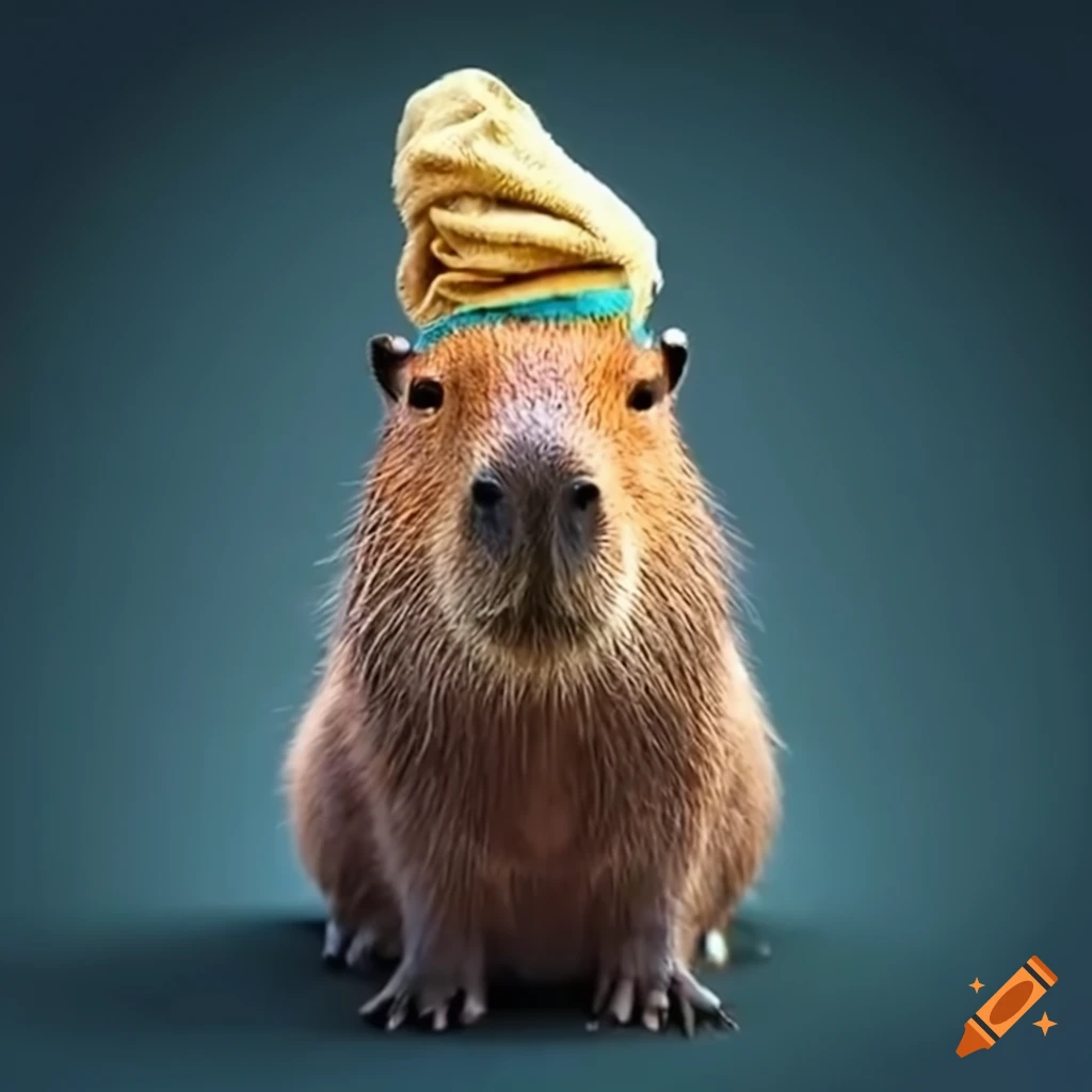A whole capybara with towel on her head and having formula 1 jacket