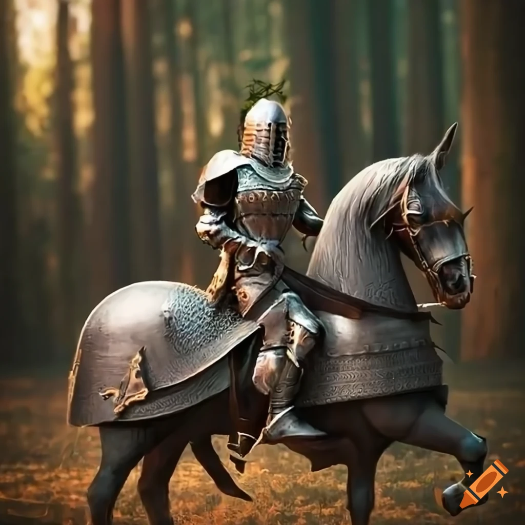 A hourse mounted knight in a forest