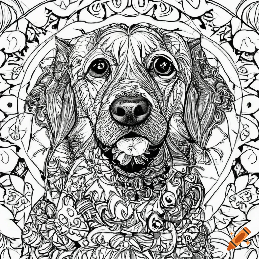 Colouring pages, mandala dog image (golden retriever), white background ...