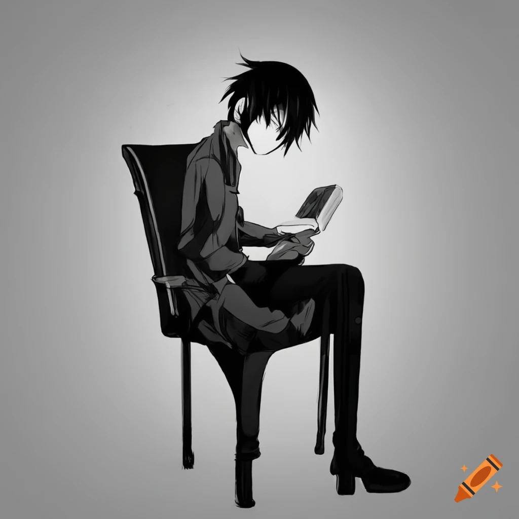 Anime Boy Black And White Sitting On A Chair With A Book On Craiyon
