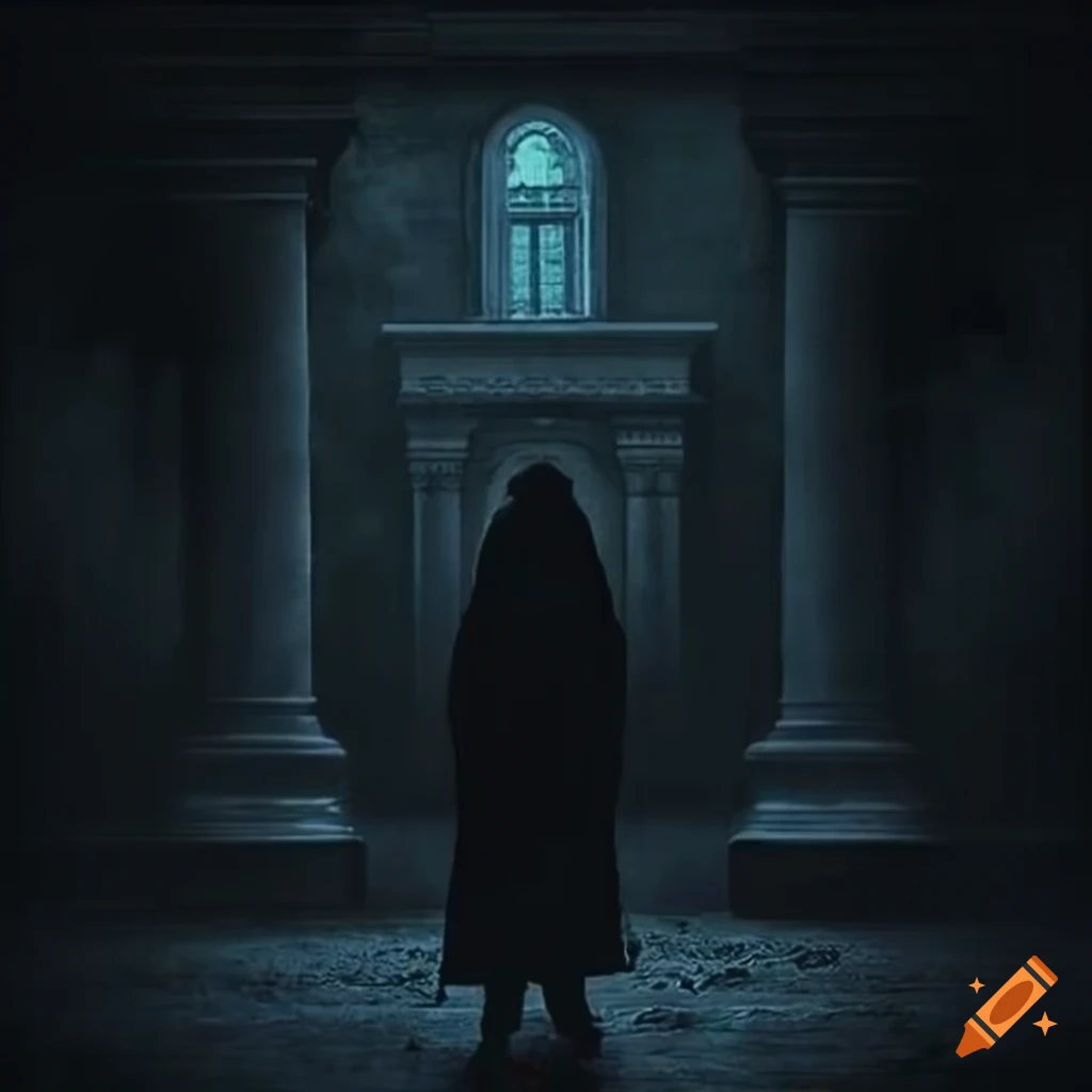 Create An Image Of A Dark Being Standing At The Entrance Of A Mansion