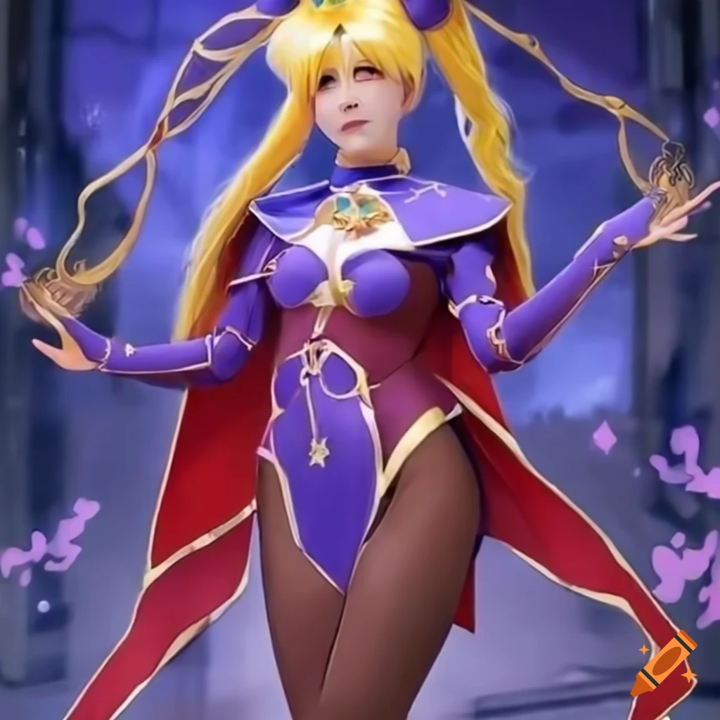 Usagi tsukino cosplaying as mona megistus, 90's anime style on Craiyon