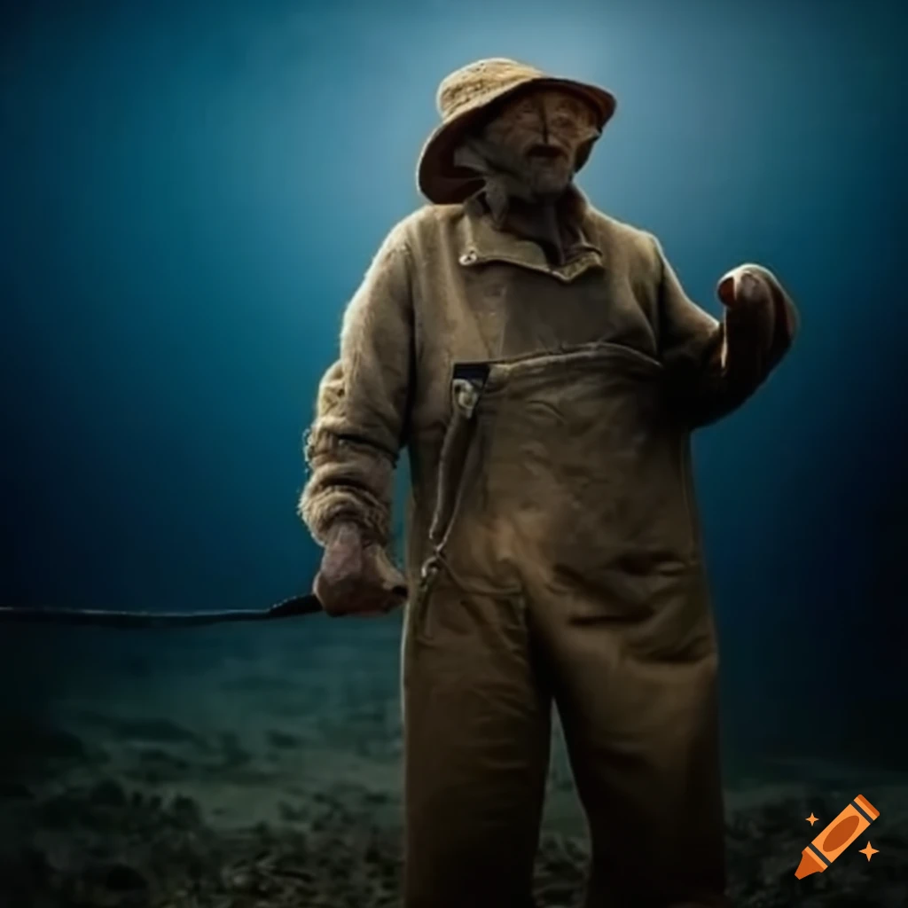 An old beared fisherman in beat up overalls wearing a fishing hat on Craiyon