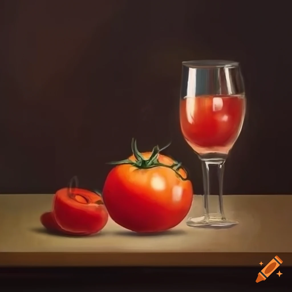 An abstract still life painting featuring a glass and tomato