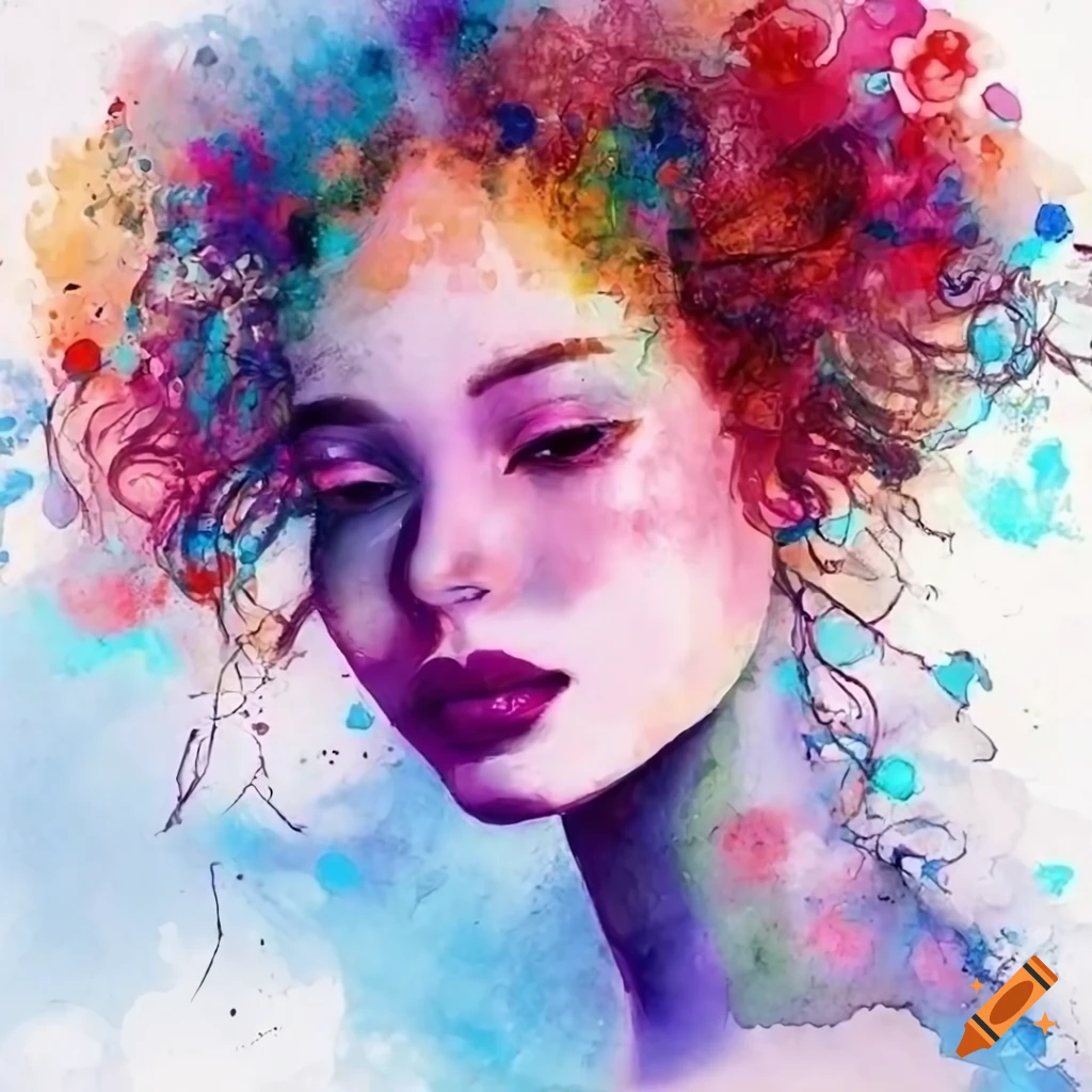 abstract mixed media portrait of women, violet curly long hair, white background,light blue dots, light red-orange leaves, blue flowers, watercolor Splash, watercolor Art Style, golden sparkle, 8K