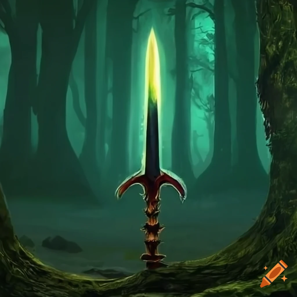 An ancient, glowing sword buried deep within a mystical forest on Craiyon