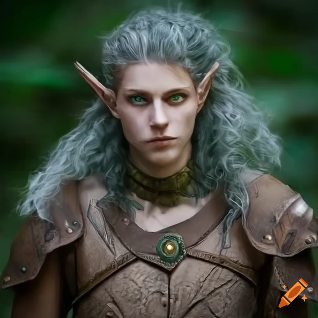 Pale wood elf druid male green eyes silver hair full body leather armor