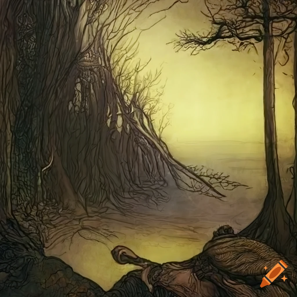 A mystical forest and ethereal landscape. Runes and mystic symbols ...