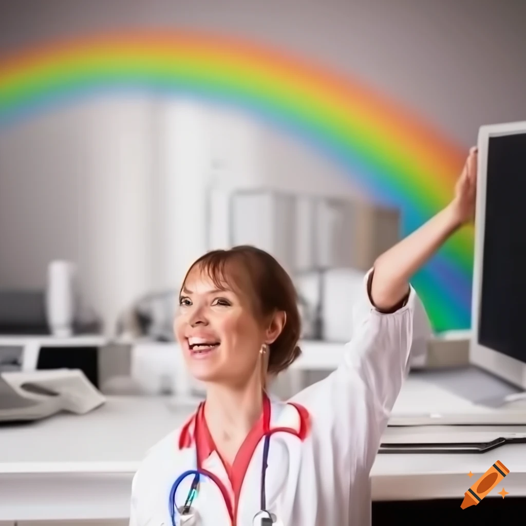 Very happy charge nurse at nursing desk with rainbows and computers in ...