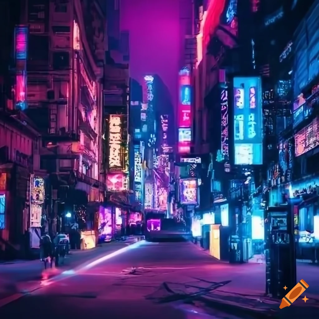 Cyberpunk city with neon lights at night on Craiyon