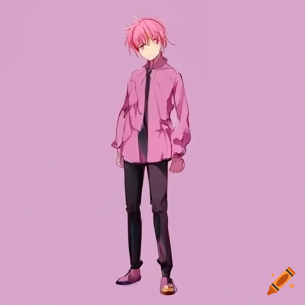 A full body character sheet of an anime boy with pink hair, fully colored  on Craiyon