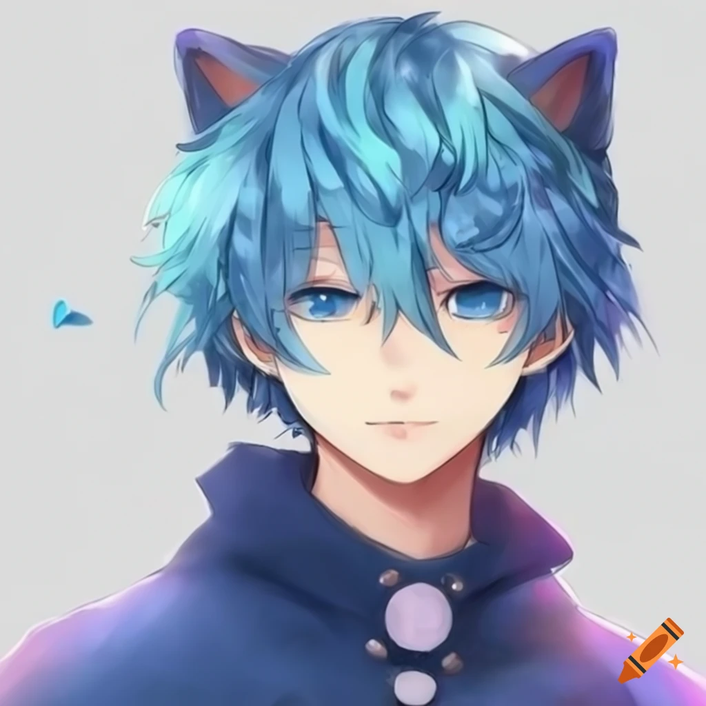 Blue-haired, blue-eyed anime catboy with blue tail