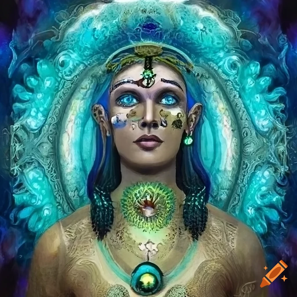 An intricate artistic representation of a spiritual healer, innocent face