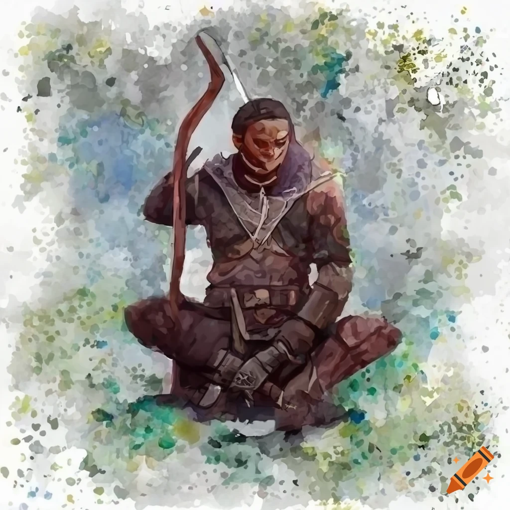Draw a portrait of a DND male black ranger character sitting in a ...