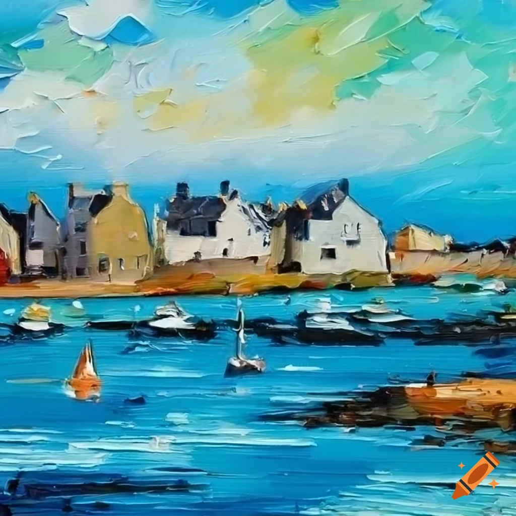 A palette knife painting coast in bretagne with houses