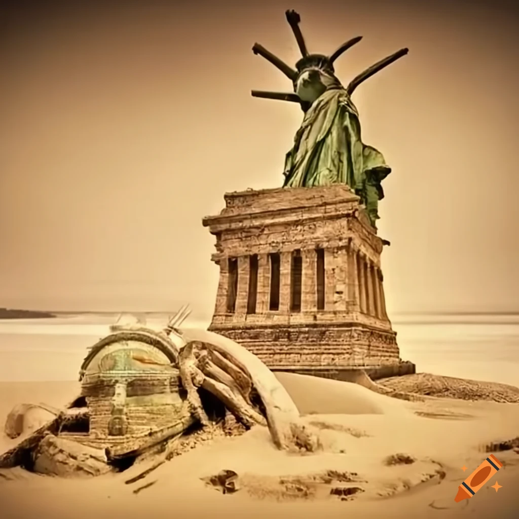 Destroyed statue of liberty buried deep in the sand, water, bay on Craiyon