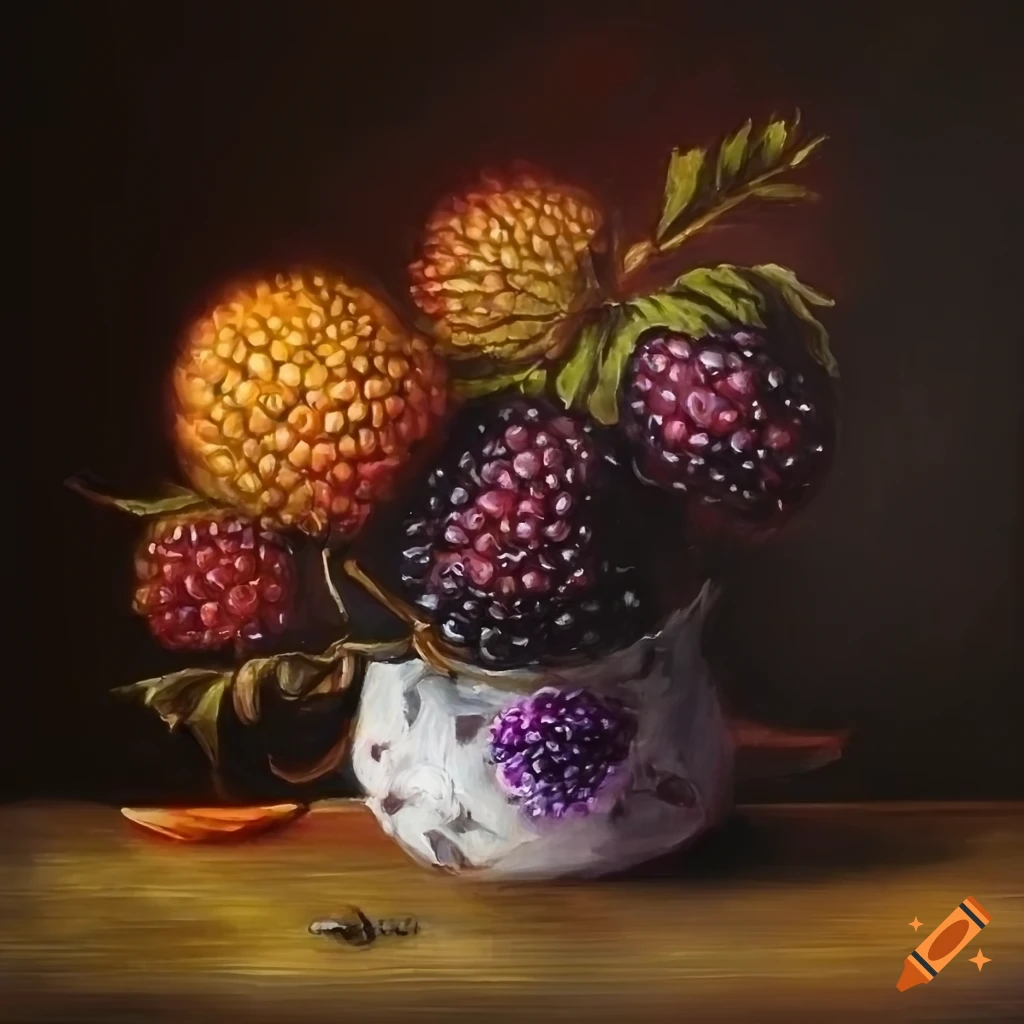 Stunning autumn still life painting of blackberry twigs, blackberry