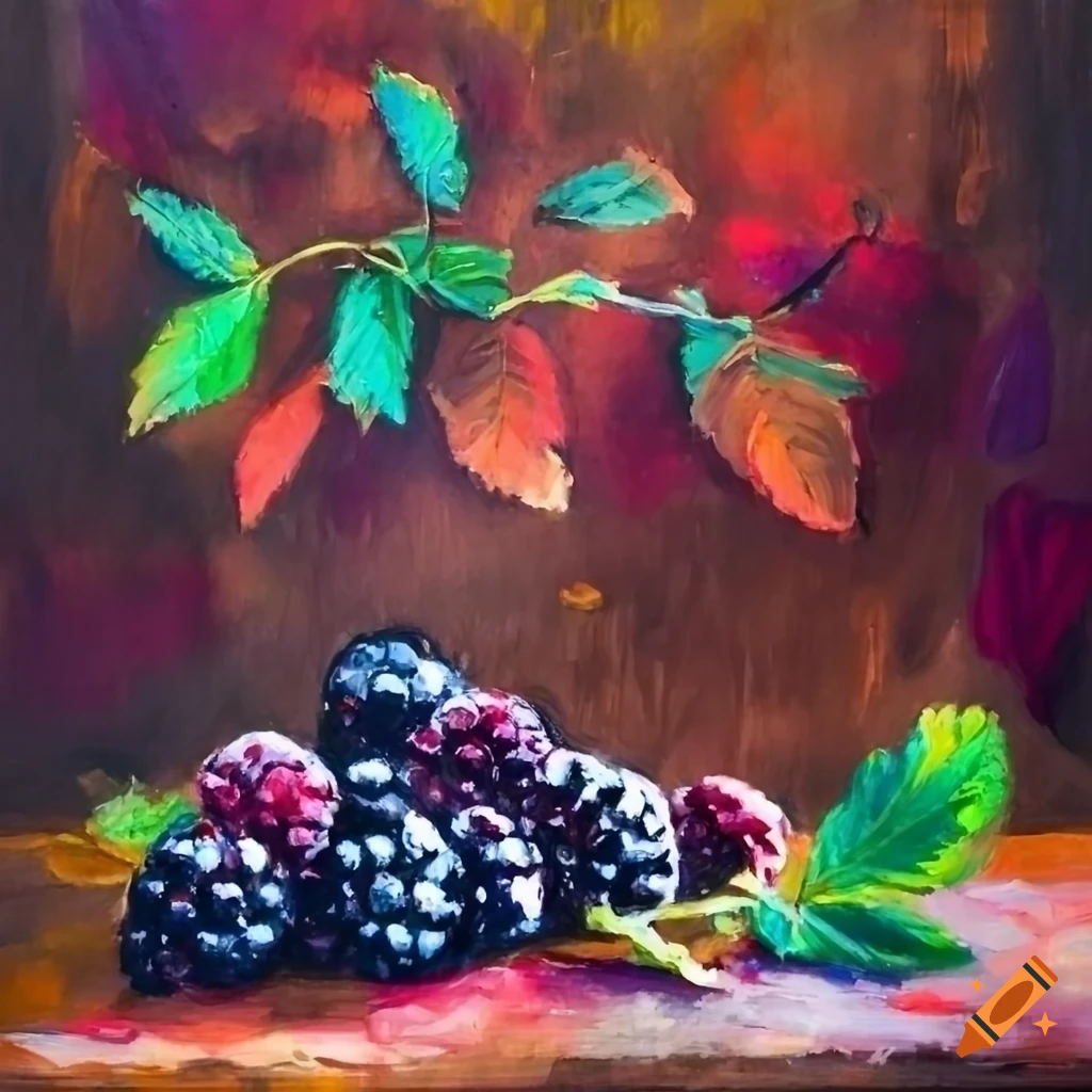Vibrant painting of blackberry twigs and fruits on a rustic tabletop on