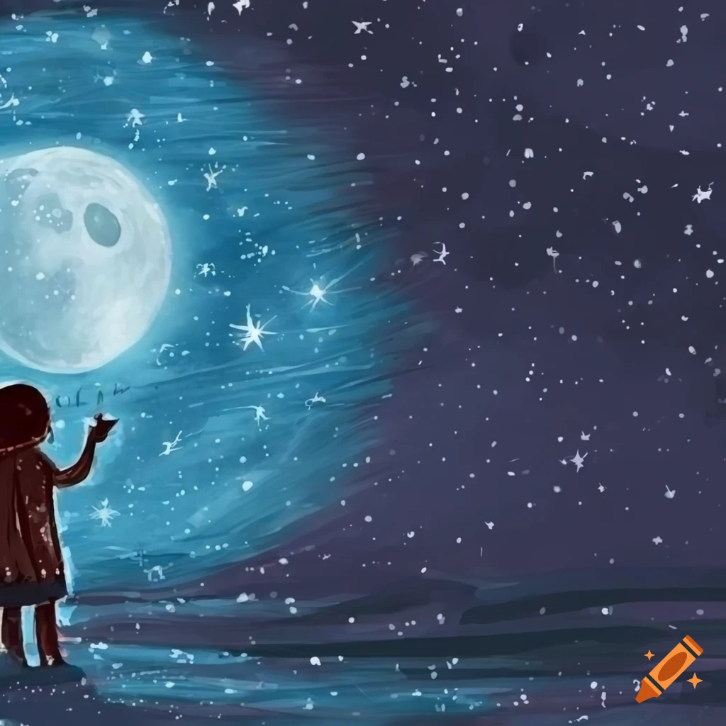 Child looking at the starry sky on a magical summer night with full moon children's book illustration