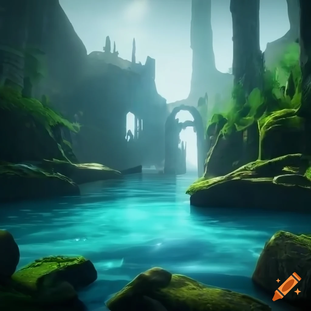 Portal opaque to another world inside of a cove, high definition, with flowing water with ruins in a fantasy reflective pools and waterfalls, A moss-covered stone castle ruin amidst a lush fantasy game forest geology illustration of rock expansion in sunlight gothic ruins, cinematic lighting, 8k, unreal engine render