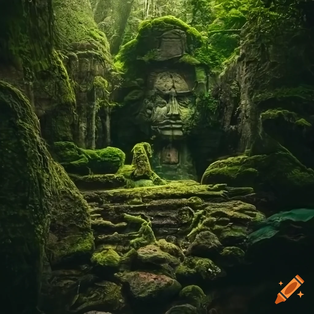 A huge, mossy stone building overgrown with lianas in the jungle by the