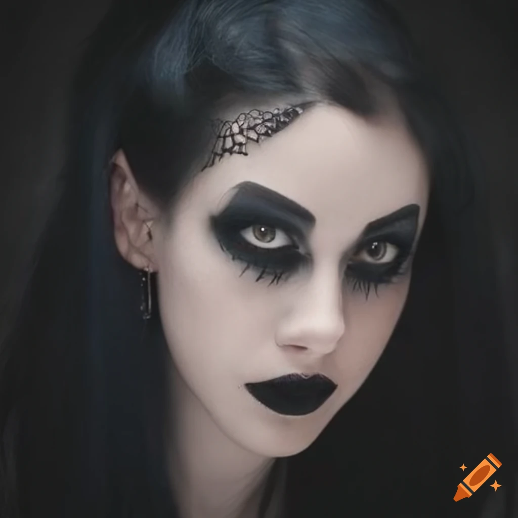 A goth woman with pale skin and black hair with eyeliner on Craiyon