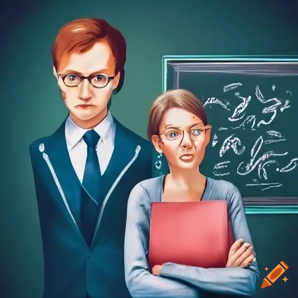 A male and a female teacher in front of a blackboard