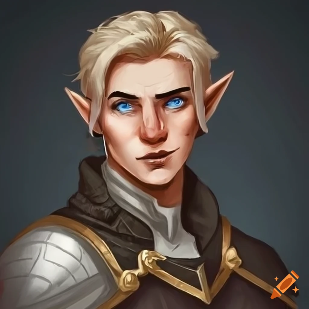 A male half-elf from dnd with dirty blond hair, blue eyes and is a ...