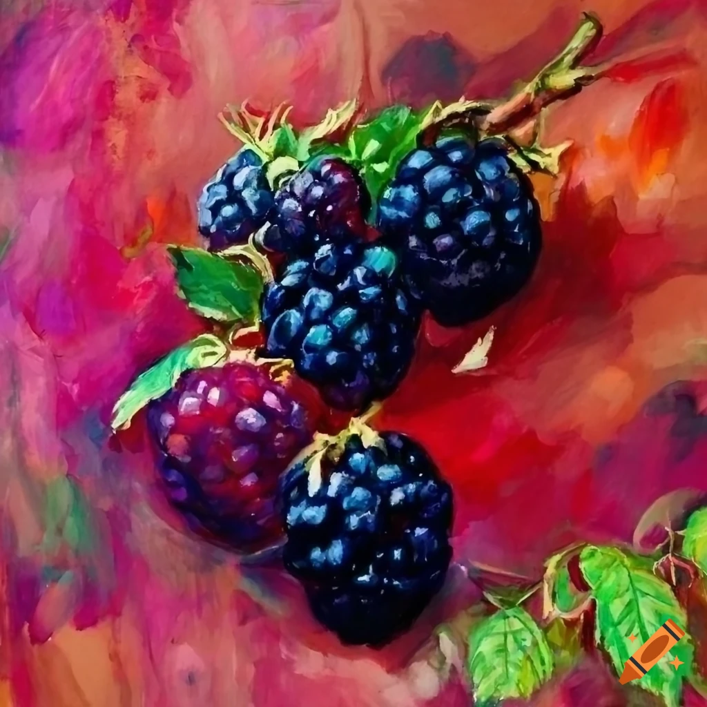 Vibrant painting of blackberry twigs and fruits on a rustic tabletop