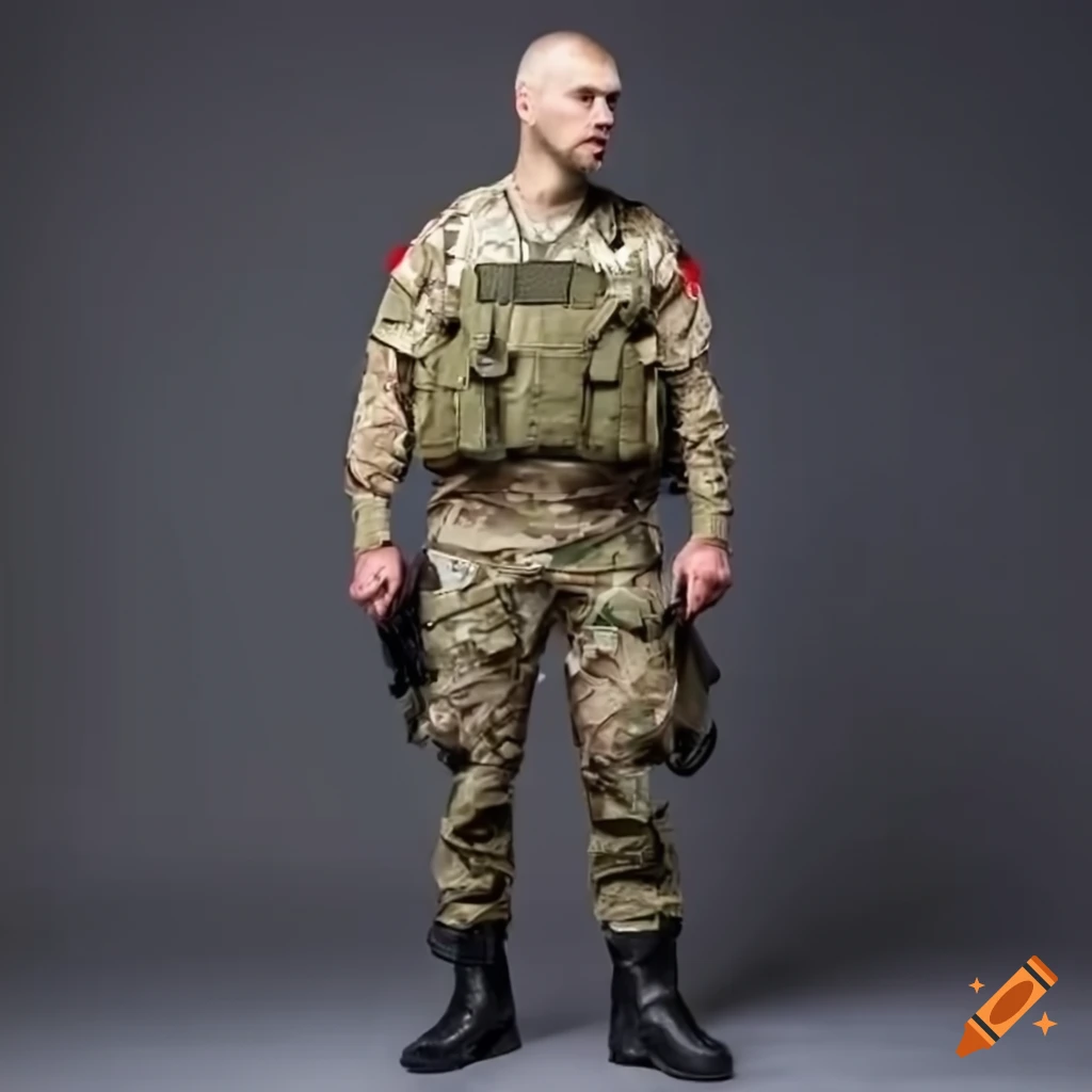 Caucasian soldier with combat boots, uniform, shaved head and muscles