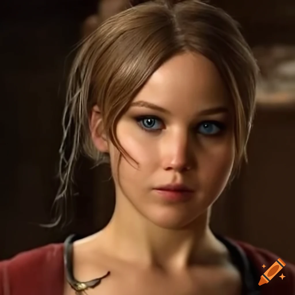 Jennifer lawrence with brown hair as claire redfield in a resident evil  cosplay in a movie portrait