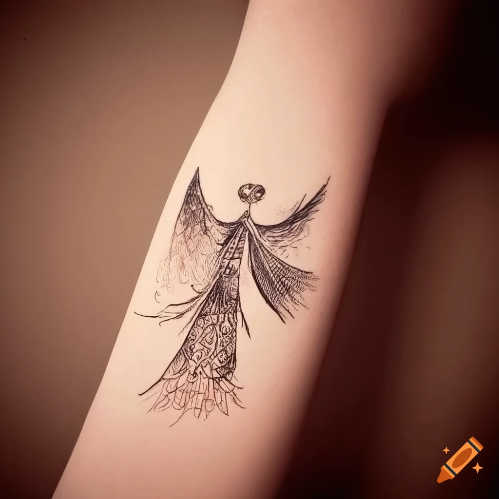 draw inspired by Paul Klee's Angelus Novus for a tattoo in fine line style