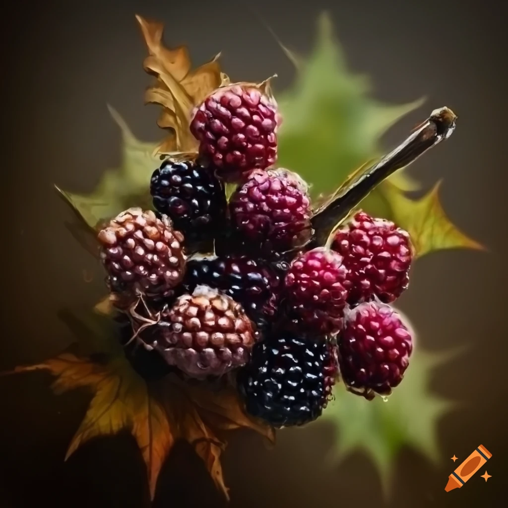Stunning autumn still life painting of blackberry twigs, blackberry
