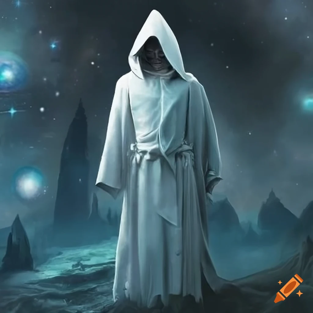 Monk in white hooded robe standing over lord of the rings cosmic