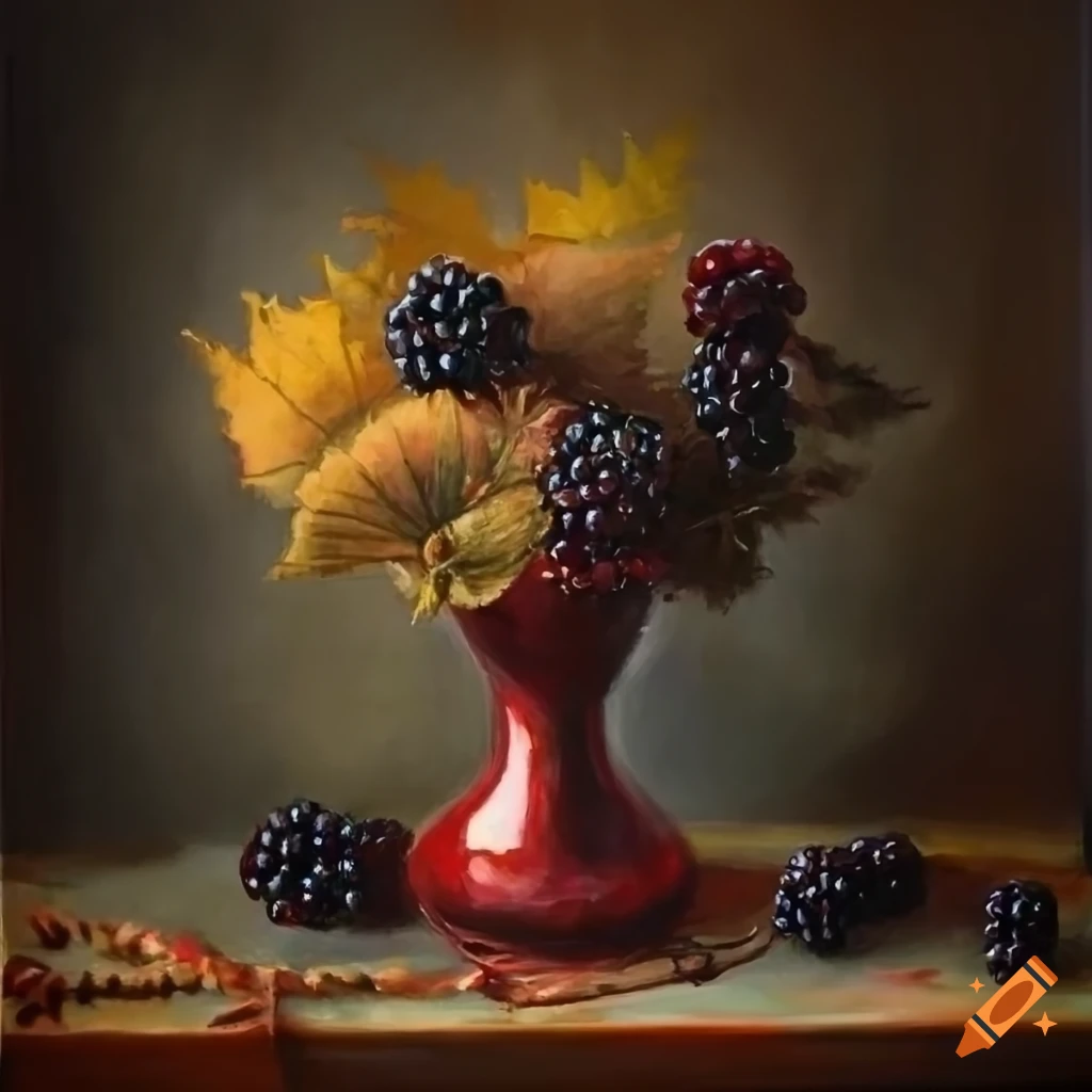 Stunning autumn still life painting of blackberry twigs, blackberry