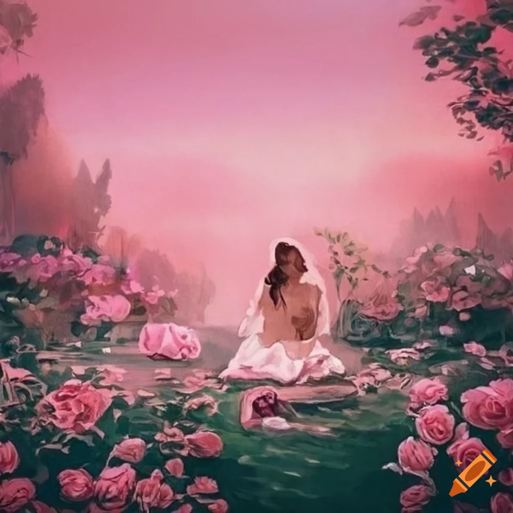 album art of a vast beautiful garden sitting by light pink roses, ehtereal vibes, pastel pink haze