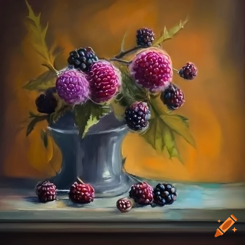 Stunning autumn still life painting of blackberry twigs, blackberry