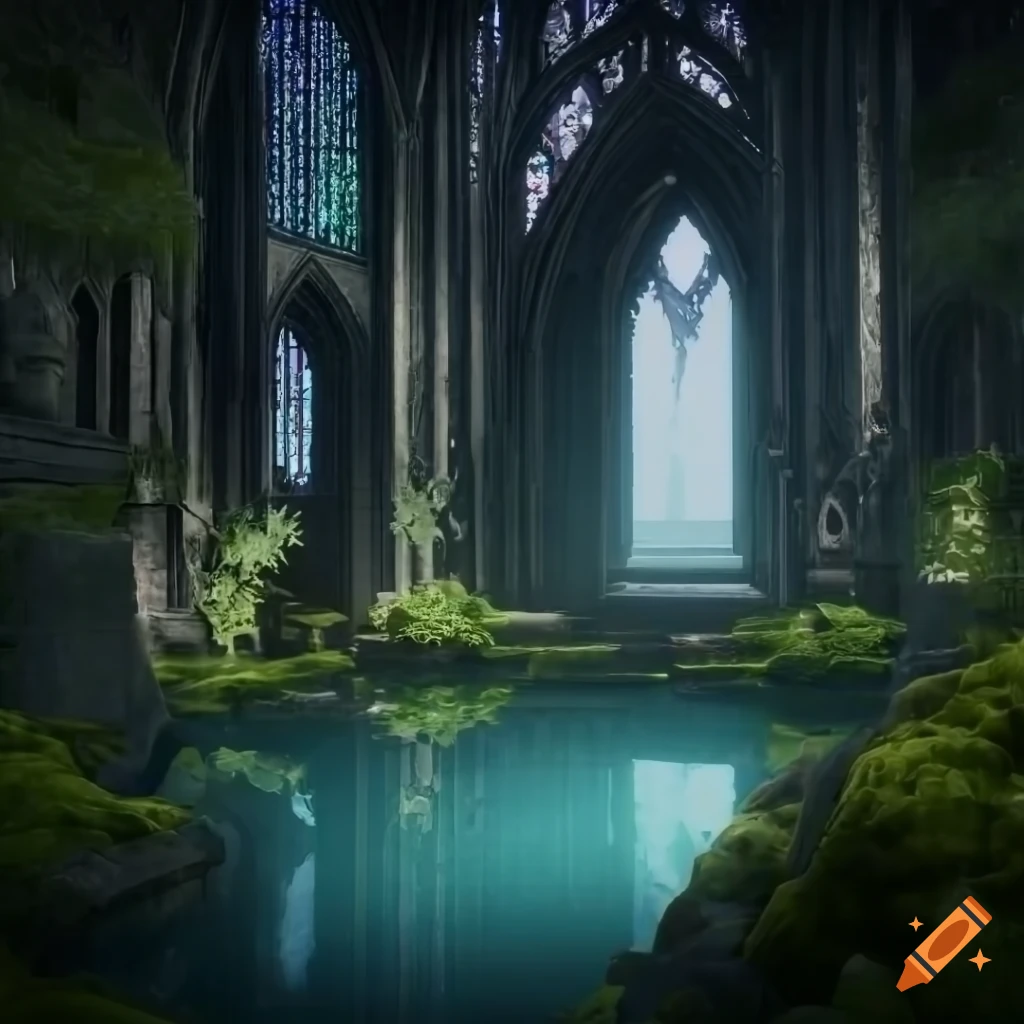 A mystic cathedral filled with crystals, pond, stone overgrown with