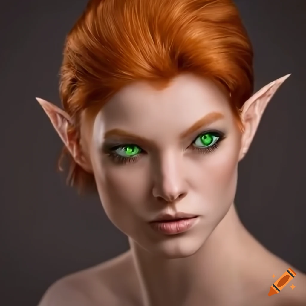 Halfelf with flowing ginger hair; almondshaped emerald green eyes