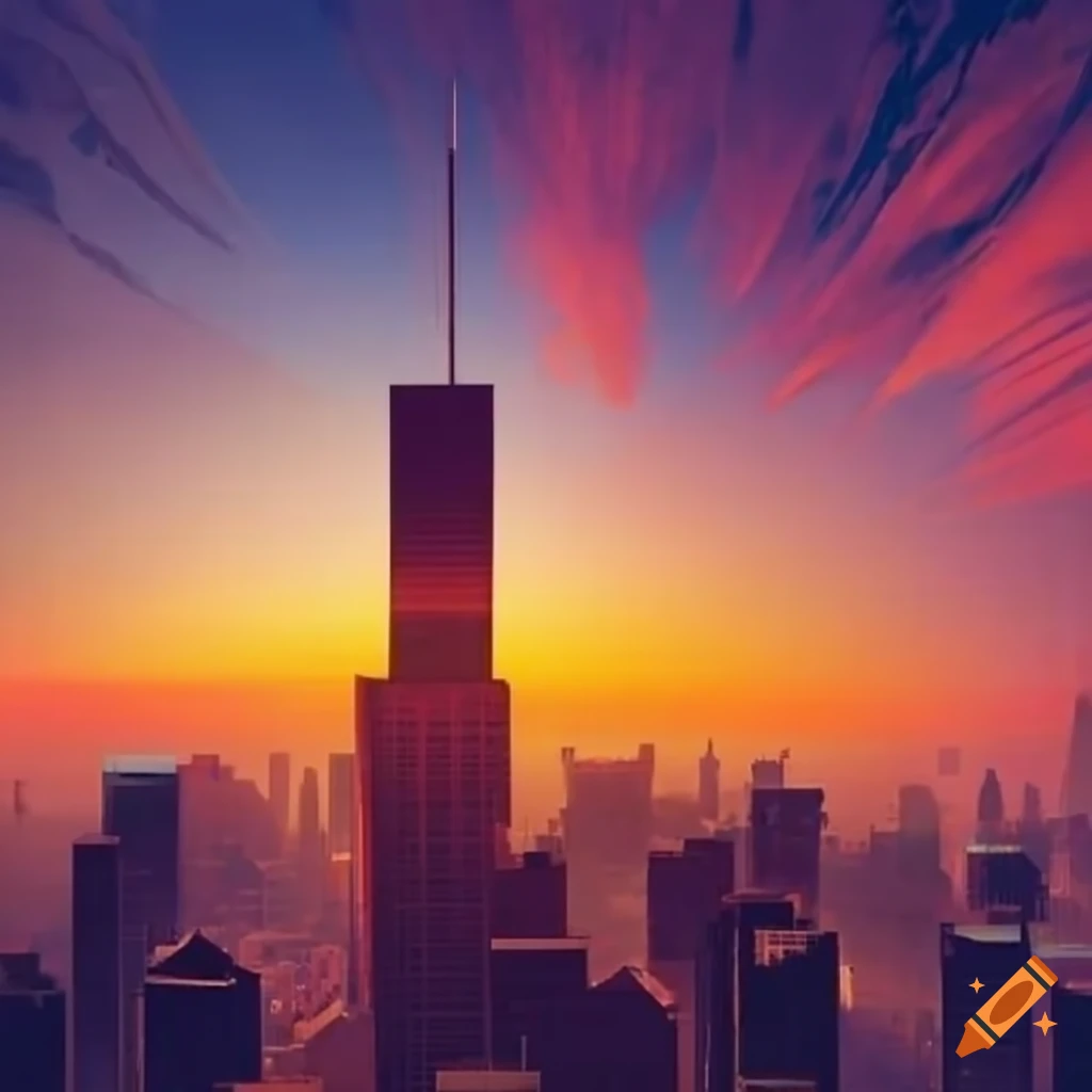 A vibrant cityscape at sunset with tall skyscrapers on Craiyon
