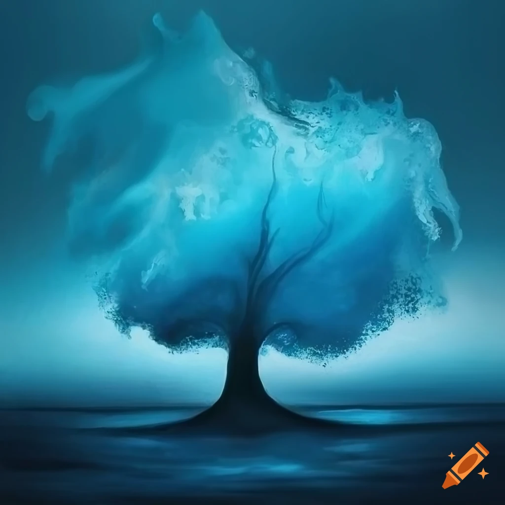 Hazy blue painting of a tree with sea foam as its leaves, water above it,  crashing wave, surreal art, centered on Craiyon